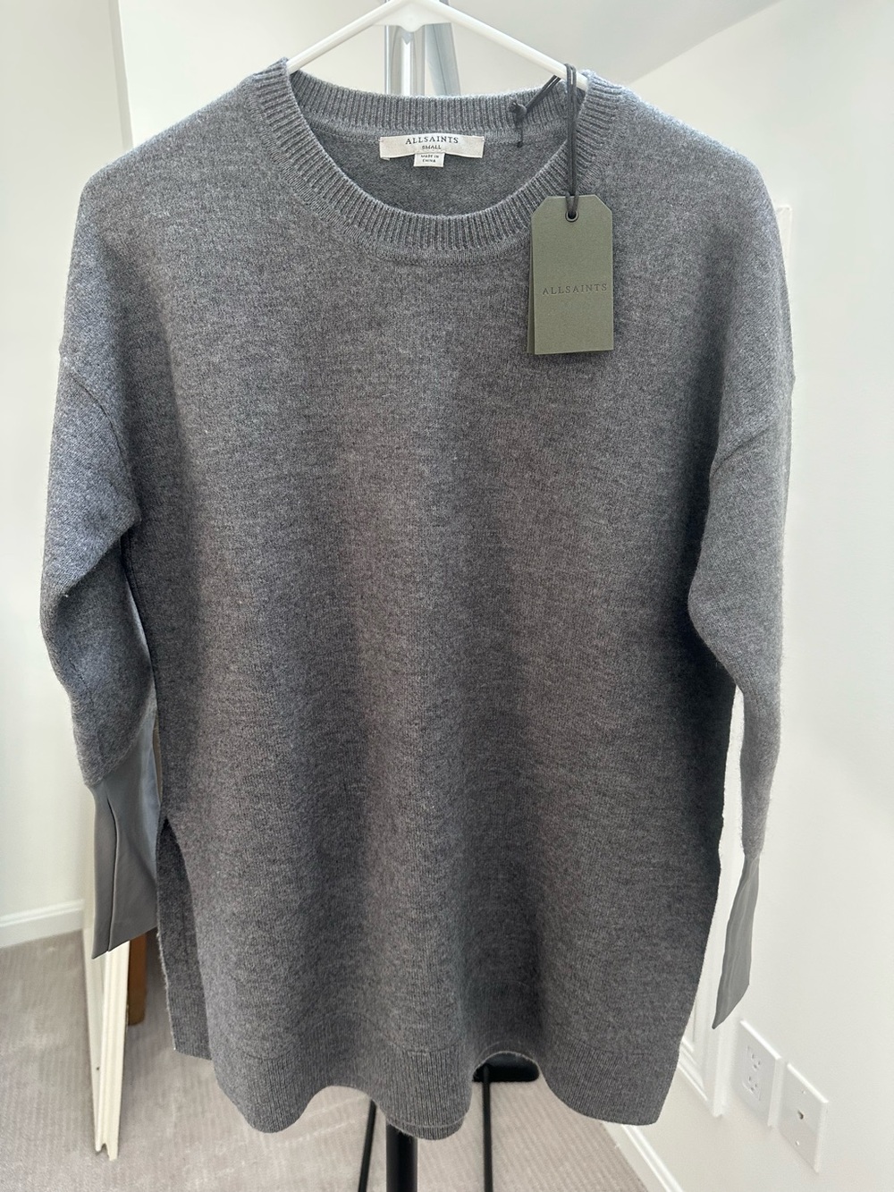 AllSaints women’s Charcoal Crewneck Sweater with leather cuff